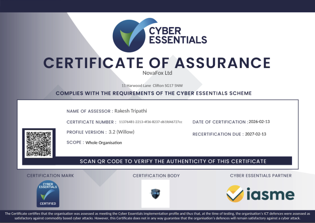 Novafox Cyber Essentials Certificate of Assurance